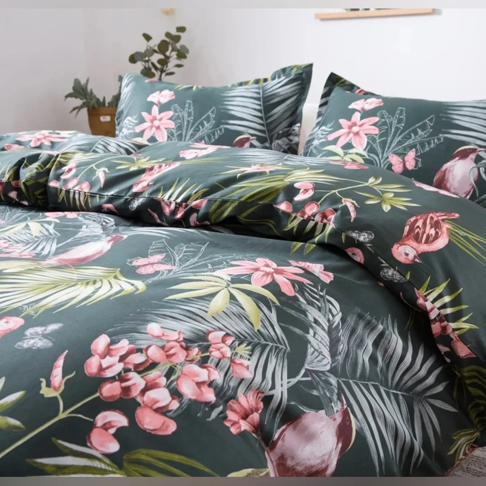 Botanical Tropical Floral Duvet Cover Set - Dark Green with Pink Flowers